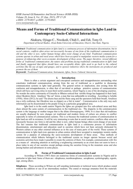 Traditional Communication in Igbo Land in Contemprary Socio-Cultural Interactions