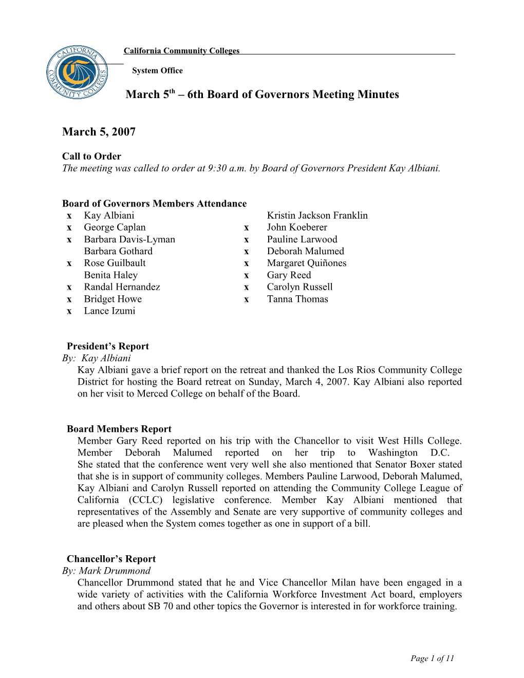 March 5Th 6Th Board of Governors Meeting Minutes