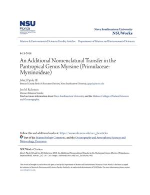 An Additional Nomenclatural Transfer in the Pantropical Genus Myrsine (Primulaceae: Myrsinoideae) John J
