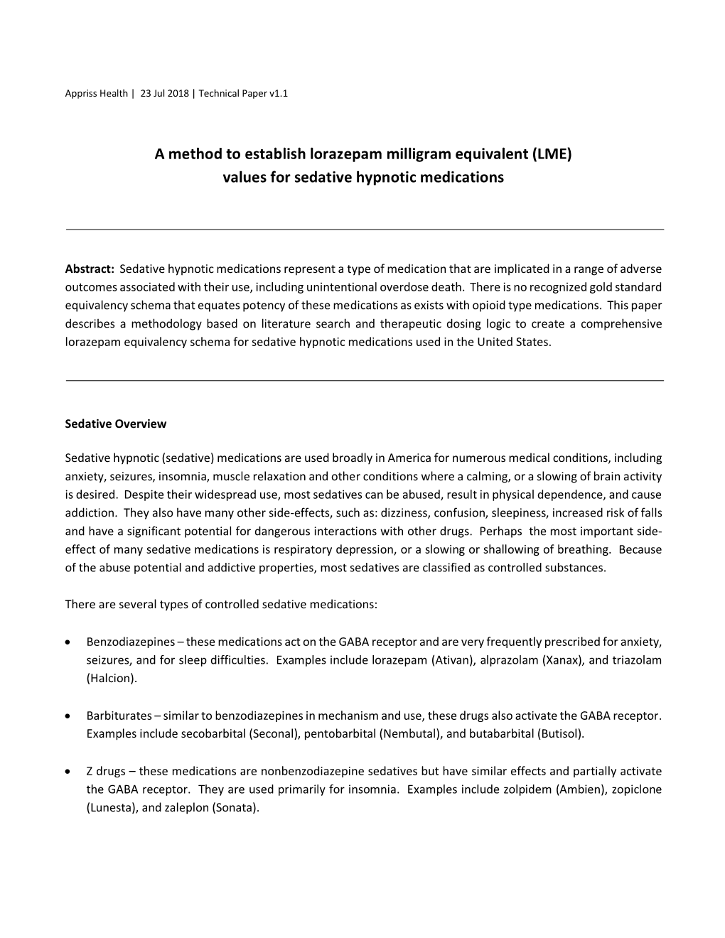 A Method to Establish Lorazepam Milligram Equivalent (LME) Values for Sedative Hypnotic Medications