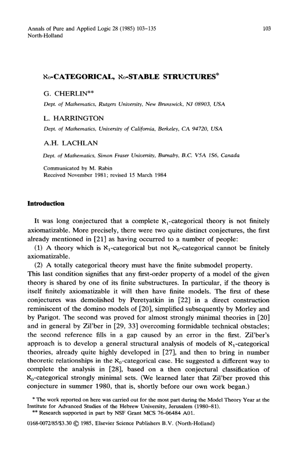 Ho-CATEGORICAL, Ho-STABLE STRUCTURES* Introduction