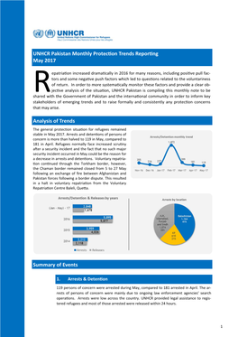 UNHCR Pakistan Monthly Protecon Trends Reporng May 2017 Analysis of Trends Summary of Events