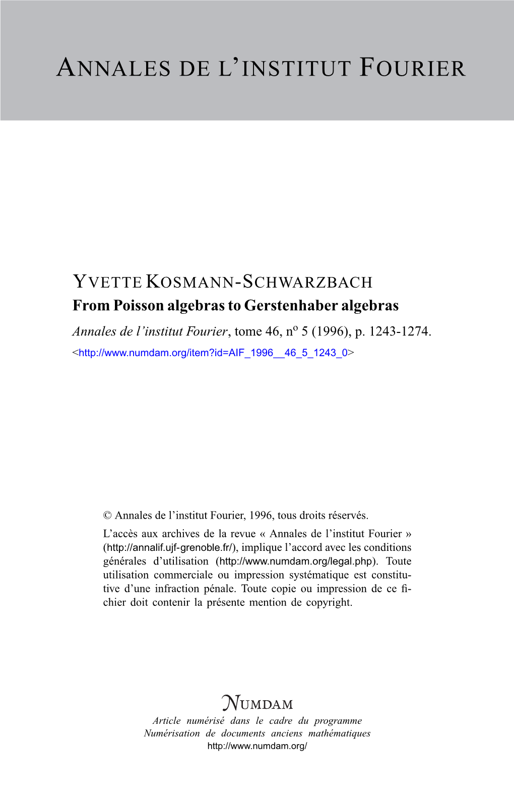 From Poisson Algebras to Gerstenhaber Algebras Annales De L’Institut Fourier, Tome 46, No 5 (1996), P