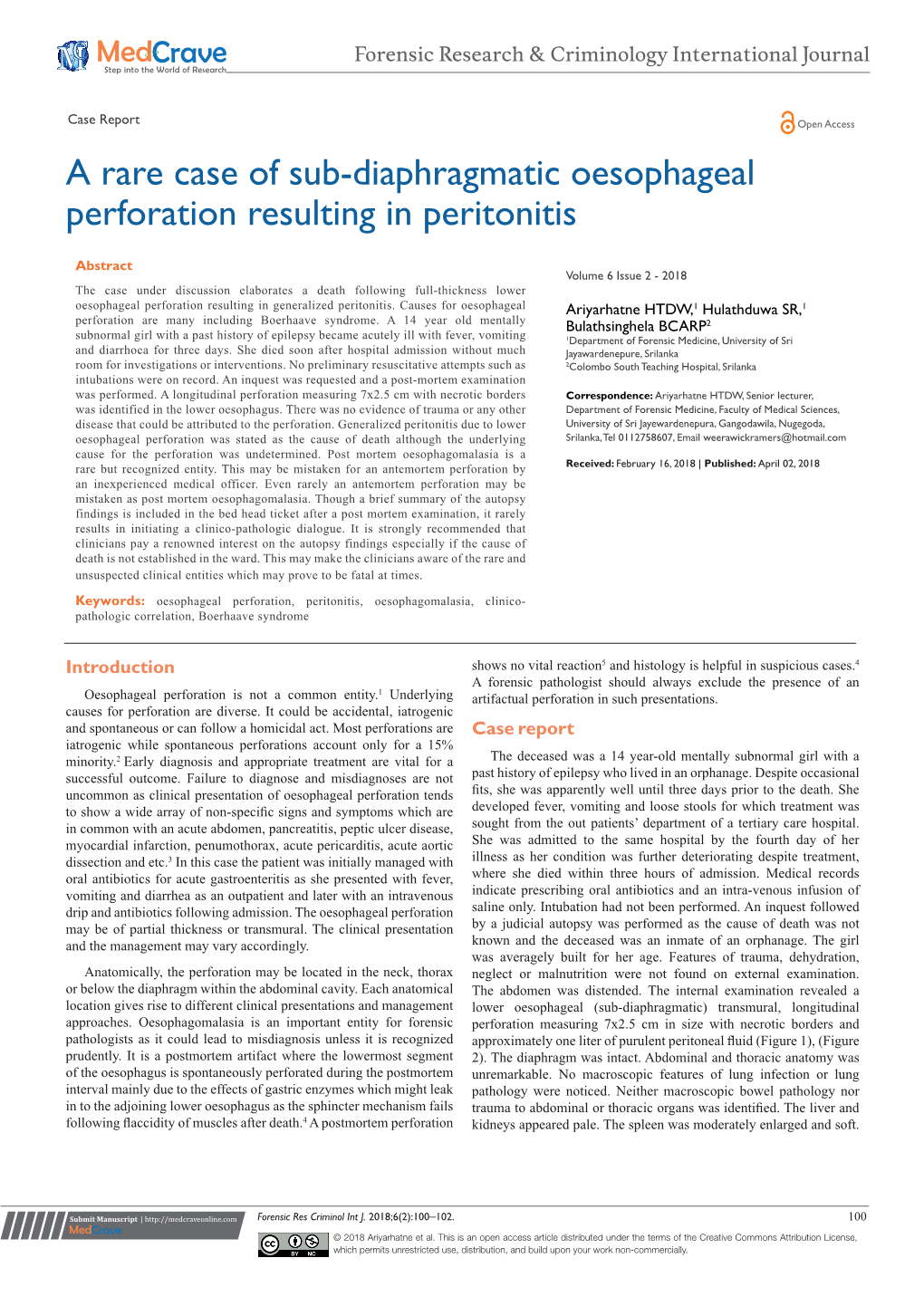 A Rare Case of Sub-Diaphragmatic Oesophageal Perforation Resulting in Peritonitis