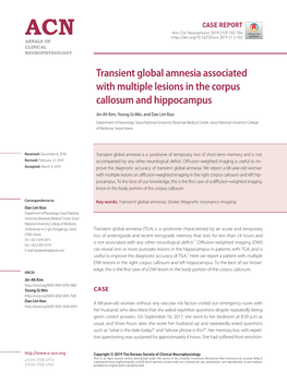 Transient Global Amnesia Associated with Multiple Lesions in the Corpus Callosum and Hippocampus