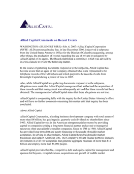 Allied Capital Comments on Recent Events