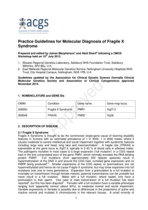 Practice Guidelines for Molecular Diagnosis of Fragile X Syndrome