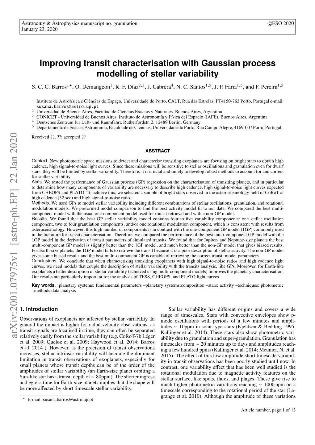 Arxiv:2001.07975V1 [Astro-Ph.EP] 22 Jan 2020 Relatively Easily from the Stellar Variability (E.G