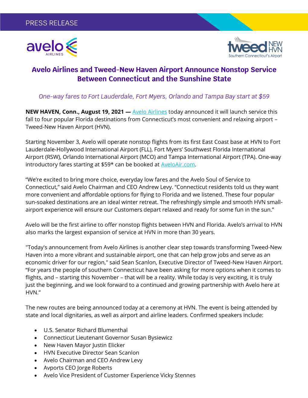 PRESS RELEASE Avelo Airlines and Tweed-New Haven Airport