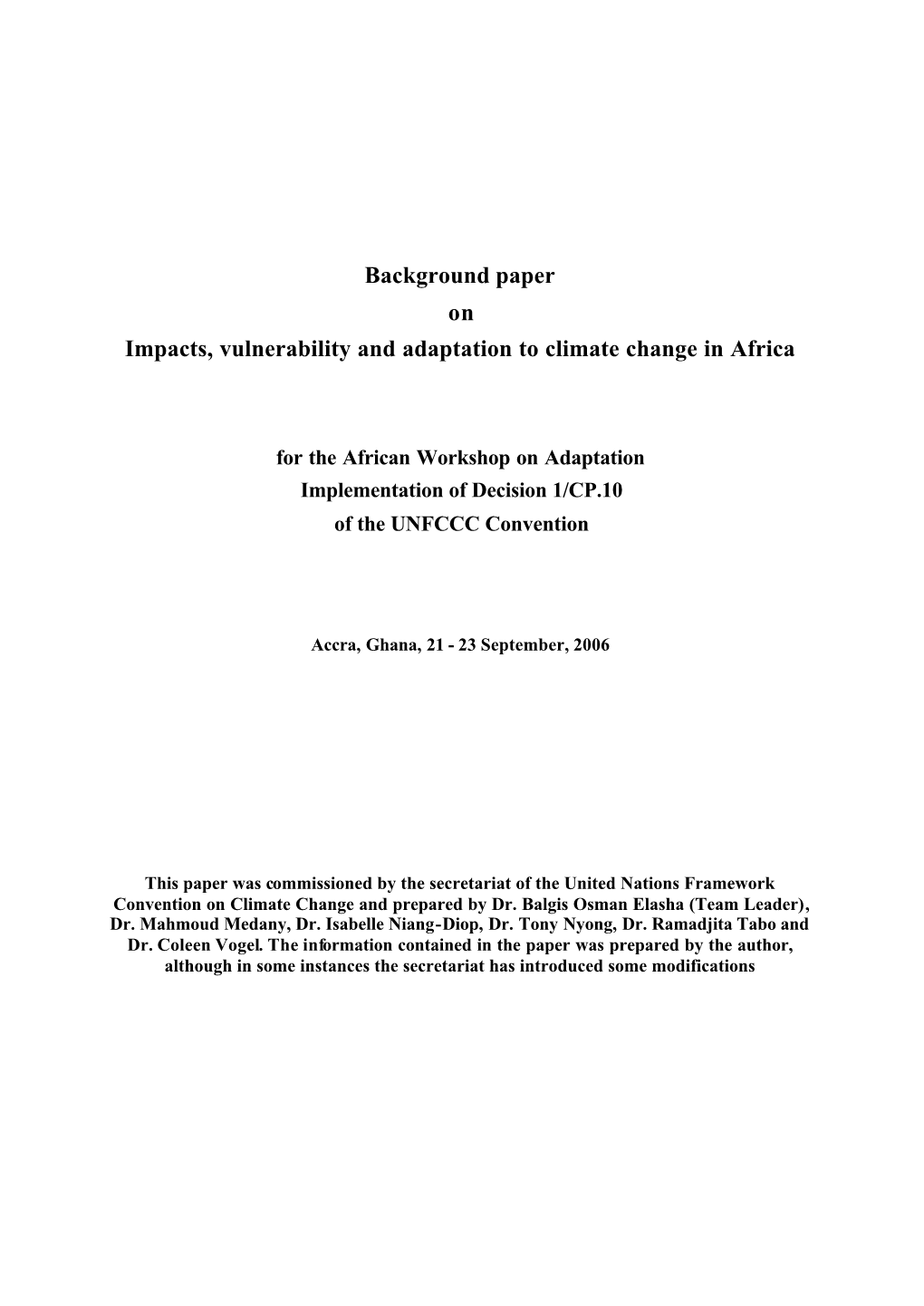 Background Paper on Impacts, Vulnerability and Adaptation to Climate Change in Africa