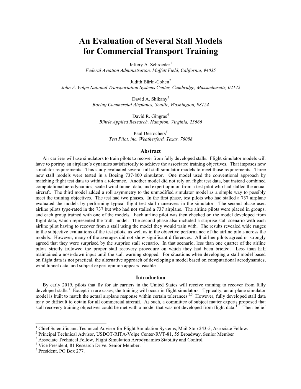 An Evaluation of Several Stall Models for Commercial Transport Training