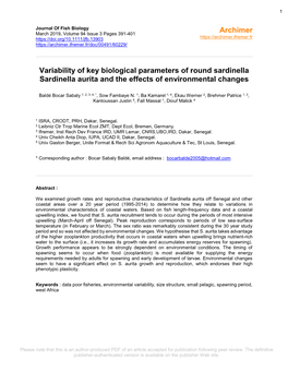 Variability of Key Biological Parameters of Round Sardinella Sardinella Aurita and the Effects of Environmental Changes