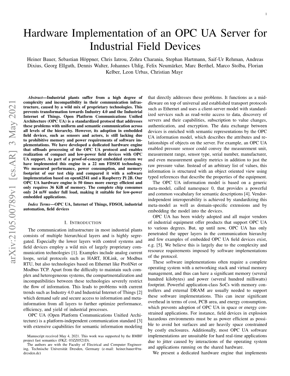 Hardware Implementation of an OPC UA Server for Industrial Field Devices