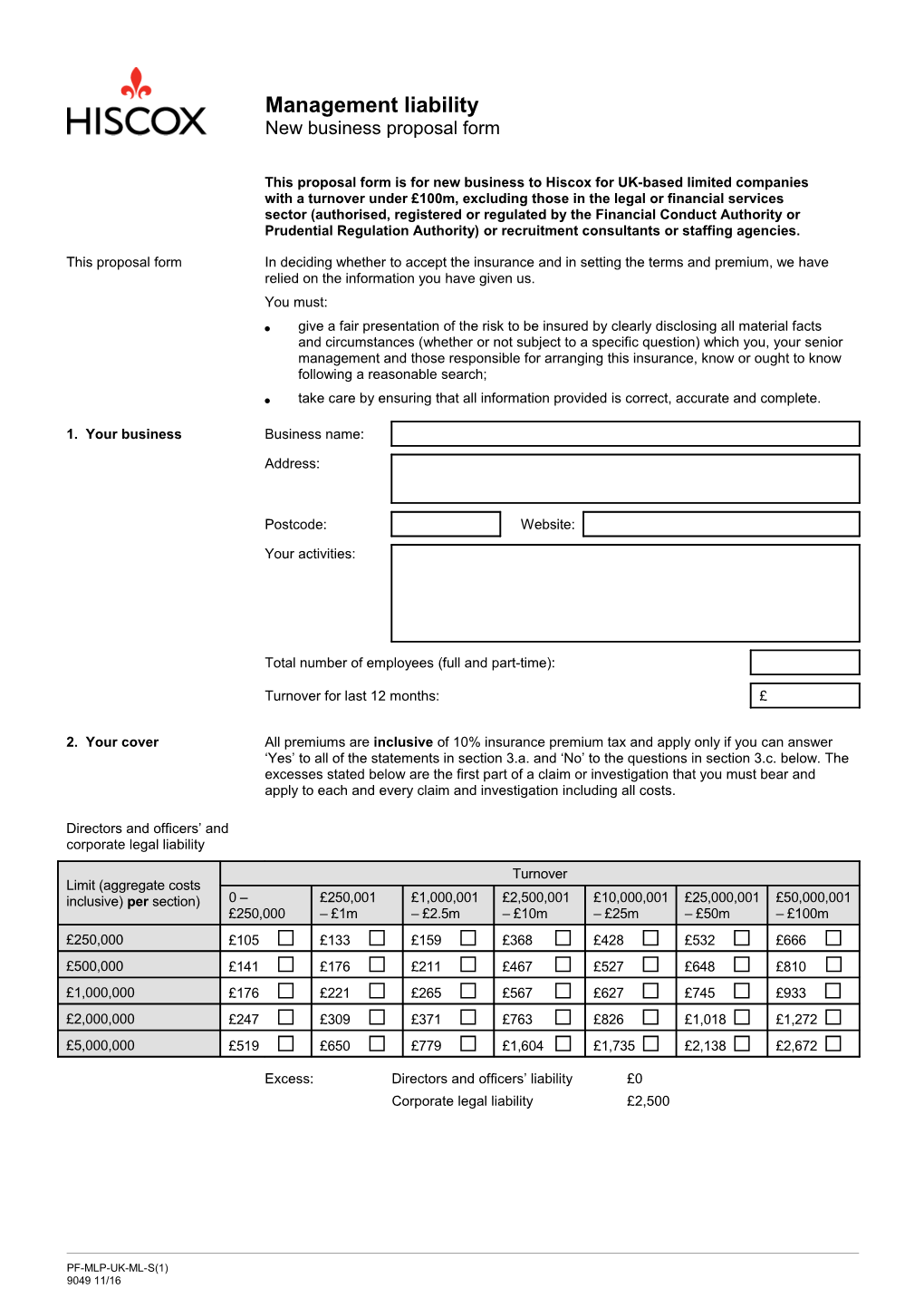 Management Liability (Turnover Under 50M) Proposal Form (UK)