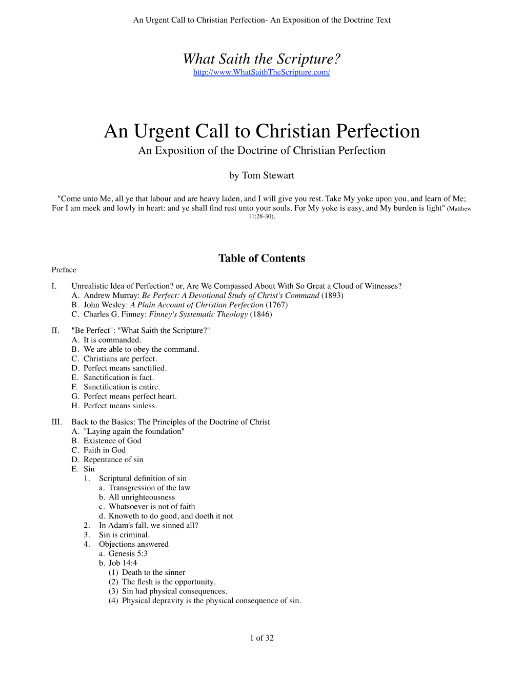 An Urgent Call to Christian Perfection- an Exposition of the Doctrine Text