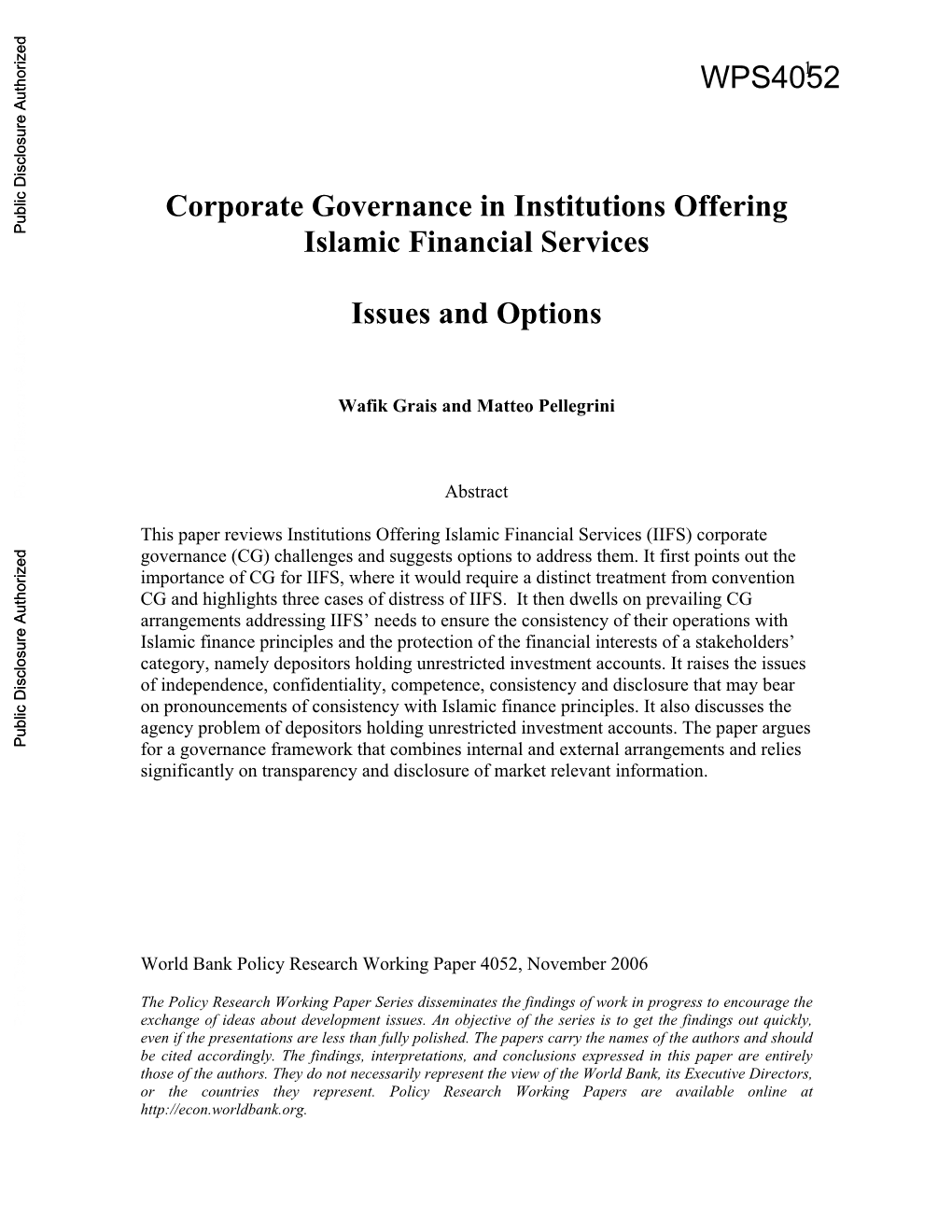 Corporate Governance in Institutions Offering Public Disclosure Authorized Islamic Financial Services