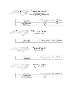 Alamance County Alleghany County Anson County Avery County