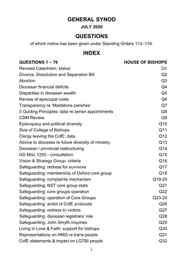 GENERAL SYNOD JULY 2020 QUESTIONS of Which Notice Has Been Given Under Standing Orders 112–116