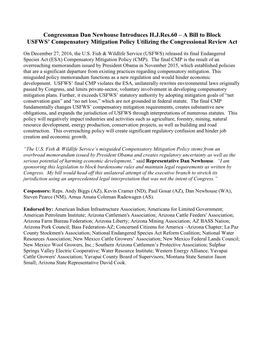 A Bill to Block USFWS' Compensatory Mitigation Policy Utilizing the Congres
