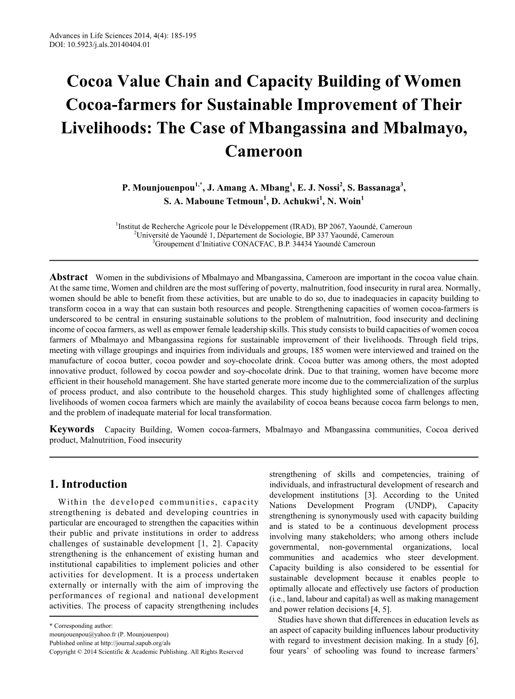 Cocoa Value Chain and Capacity Building of Women Cocoa-Farmers for Sustainable Improvement of Their Livelihoods: the Case of Mbangassina and Mbalmayo, Cameroon