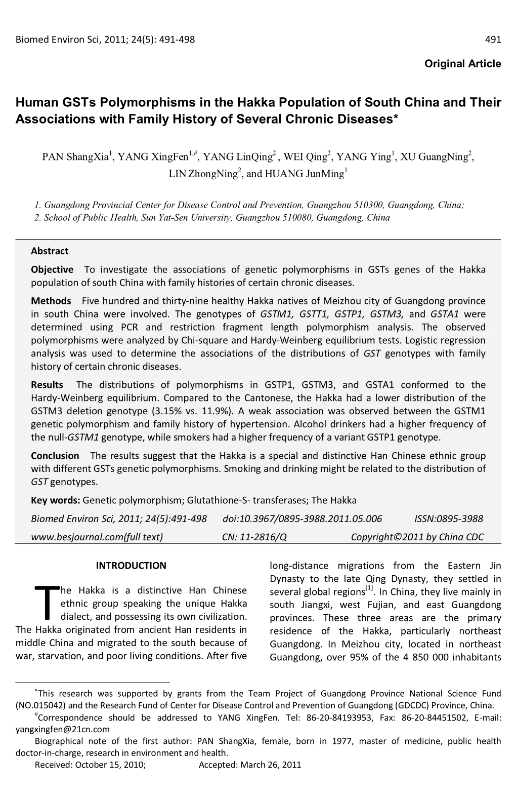 Human Gsts Polymorphisms in the Hakka Population of South China and Their Associations with Family History of Several Chronic Diseases*