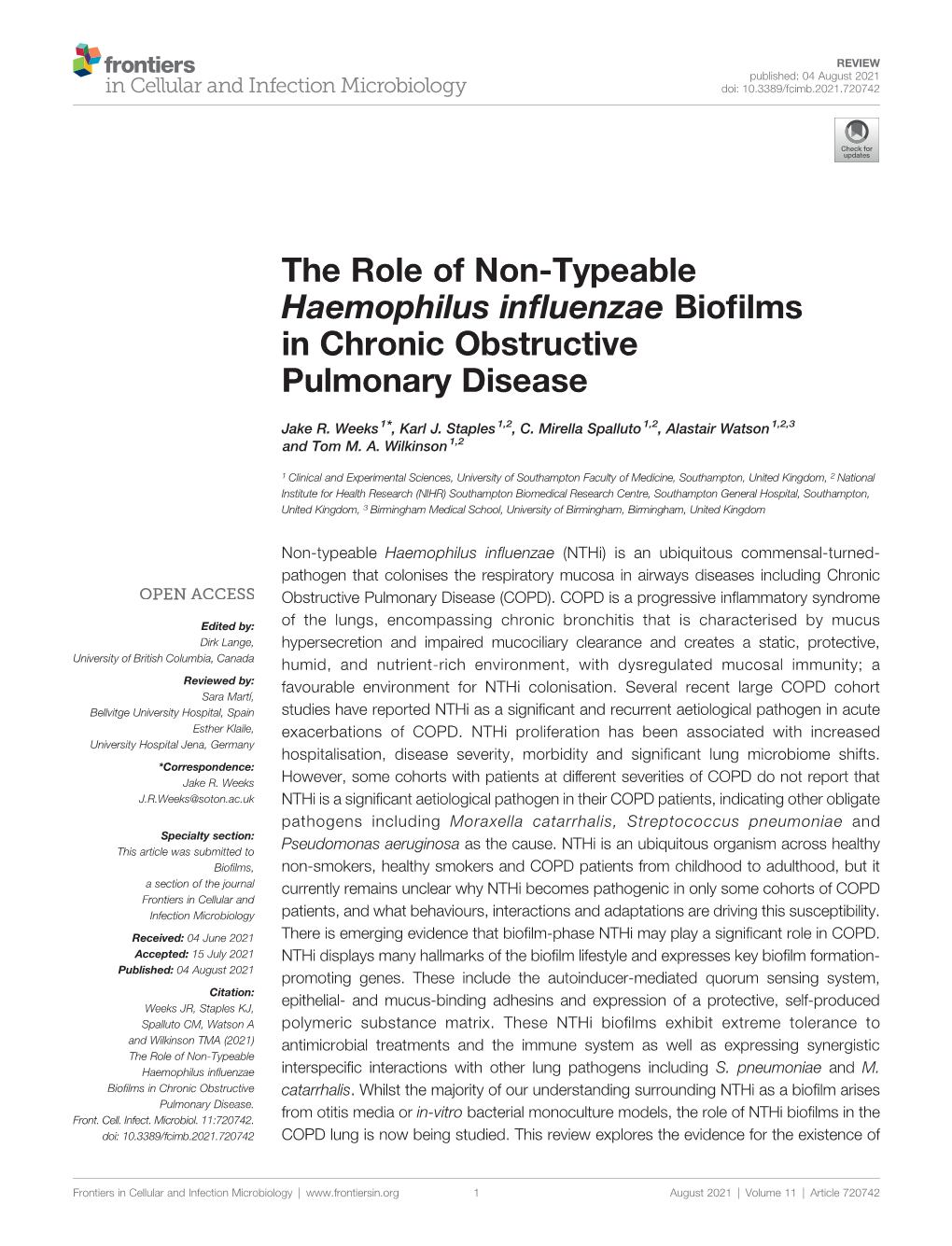 The Role of Non-Typeable Haemophilus Influenzae Biofilms In