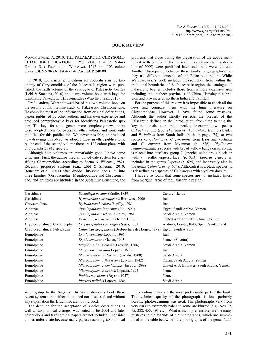 Book Review: Warchalowski A. 2010: the Palaearctic Chrysomelidae. Identification Keys. Vol. 1 & 2