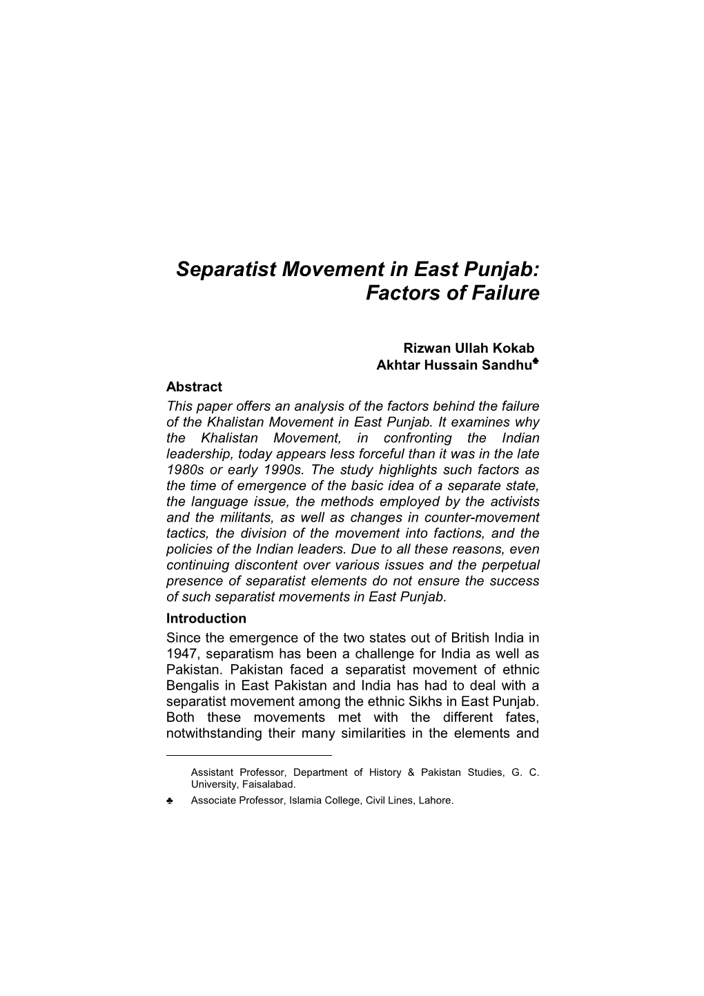 3. Separatist Movement in East Punjab, Rizwan Ullah Kokab