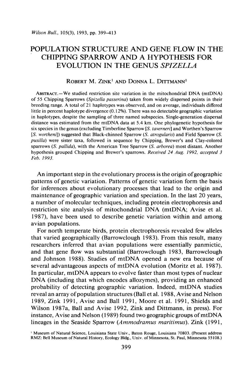 Population Structure and Gene Flow in the Chipping Sparrow and a Hypothesis for Evolution in the Genus Spizella