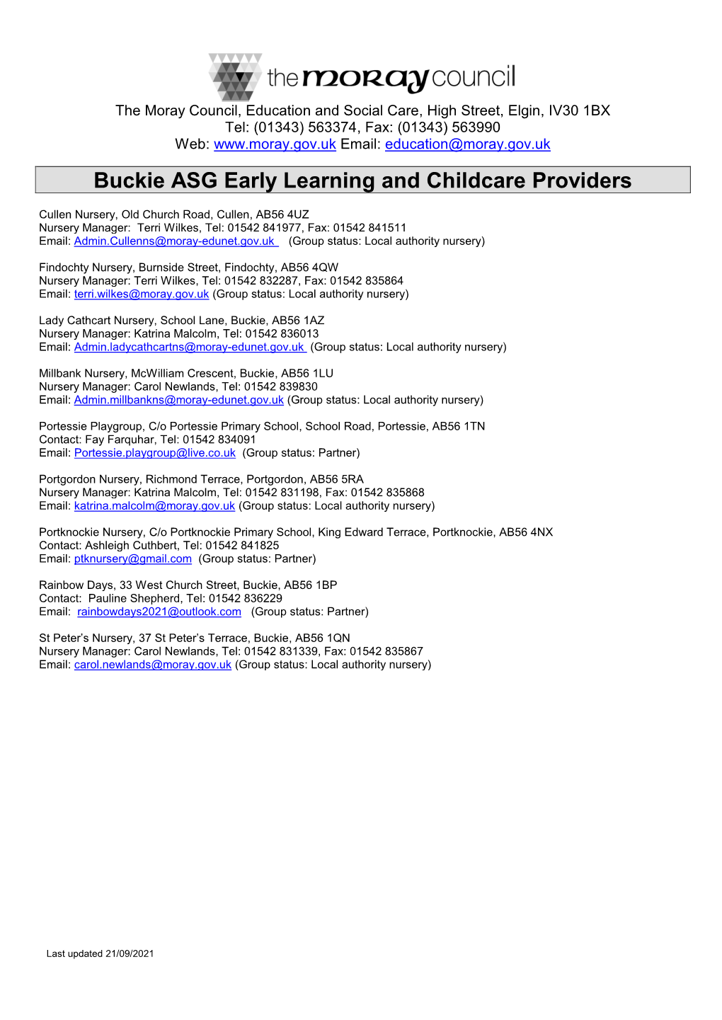 Buckie ASG Early Learning and Childcare Providers