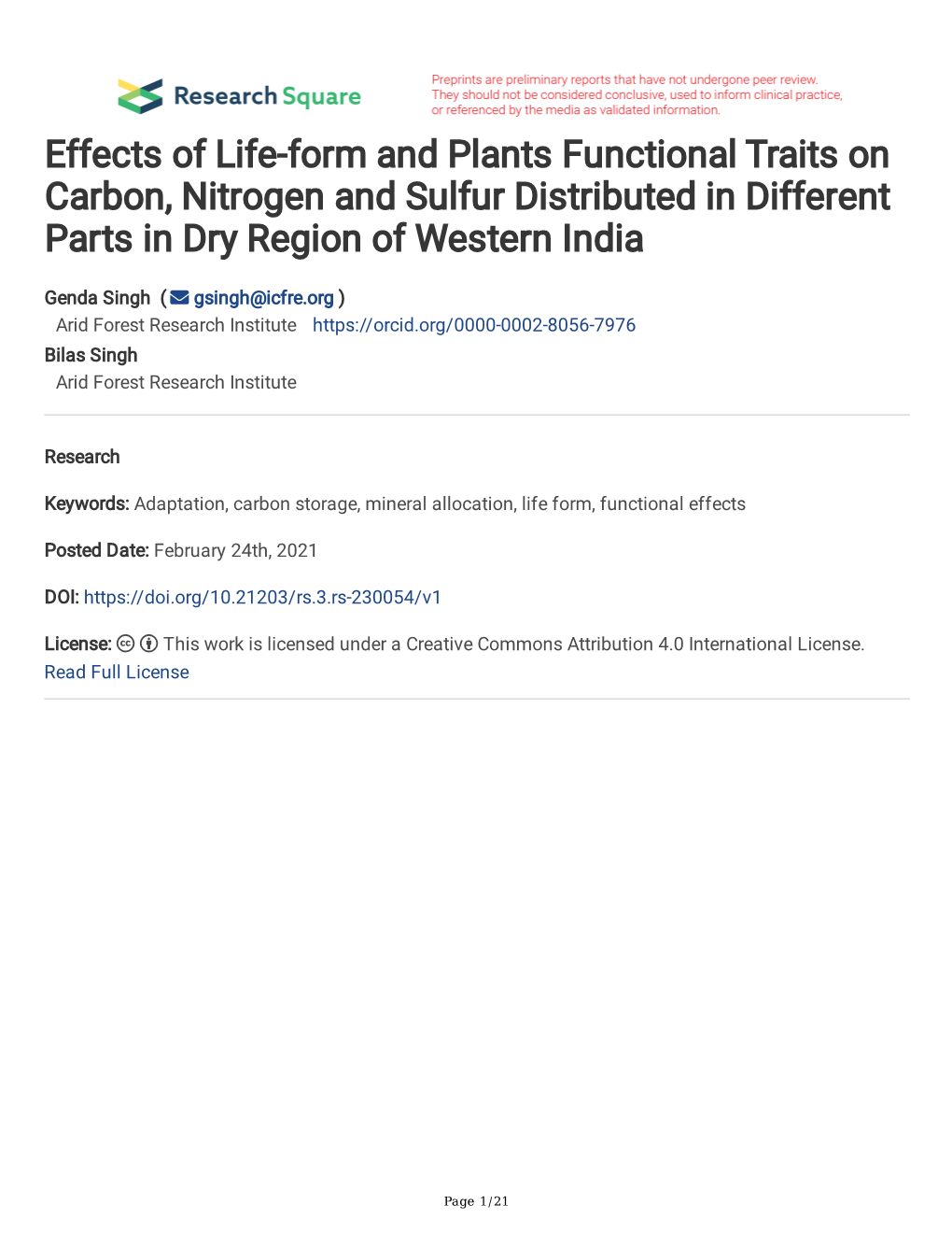 Effects of Life-Form and Plants Functional Traits on Carbon, Nitrogen and Sulfur Distributed in Different Parts in Dry Region of Western India