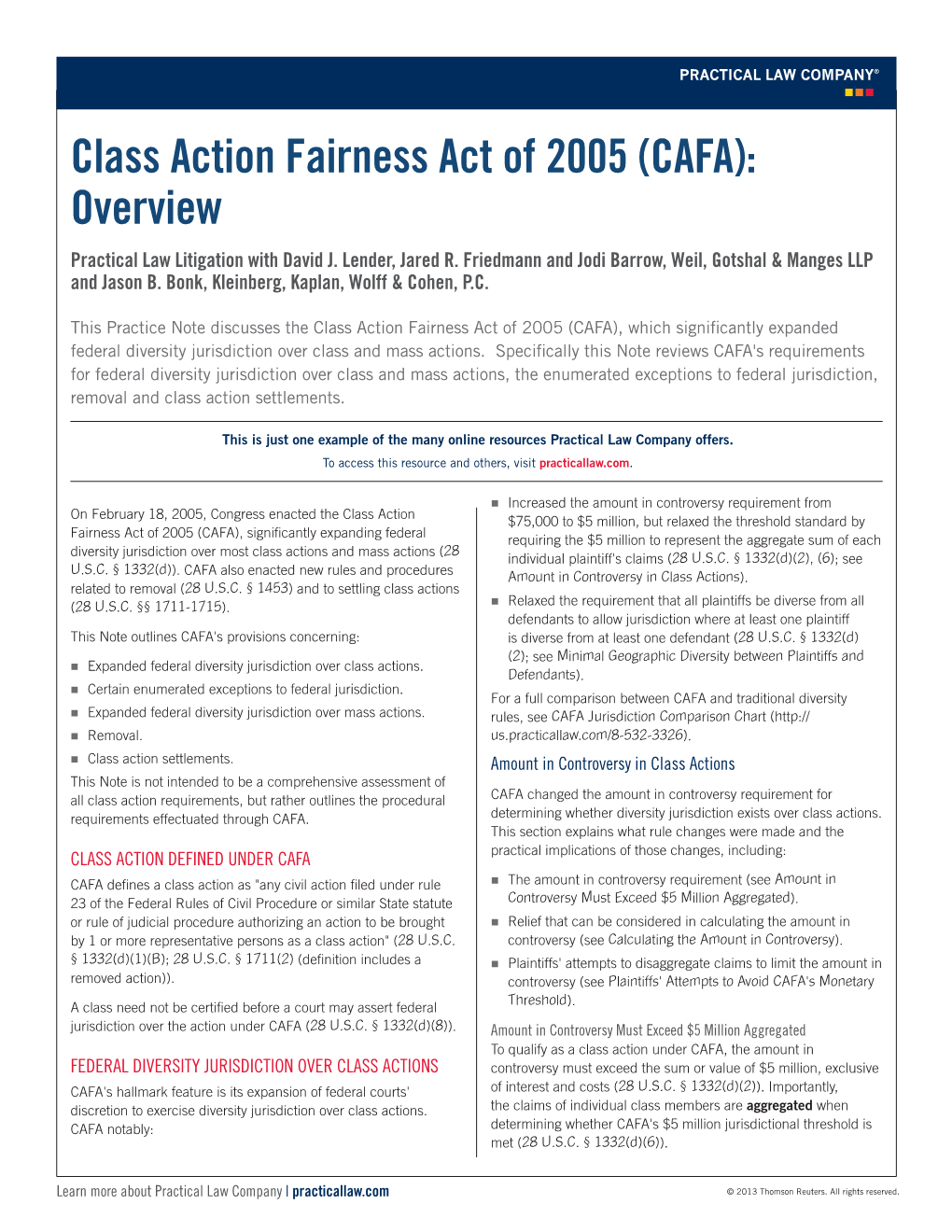 Class Action Fairness Act of 2005 (CAFA): Overview Practical Law Litigation with David J