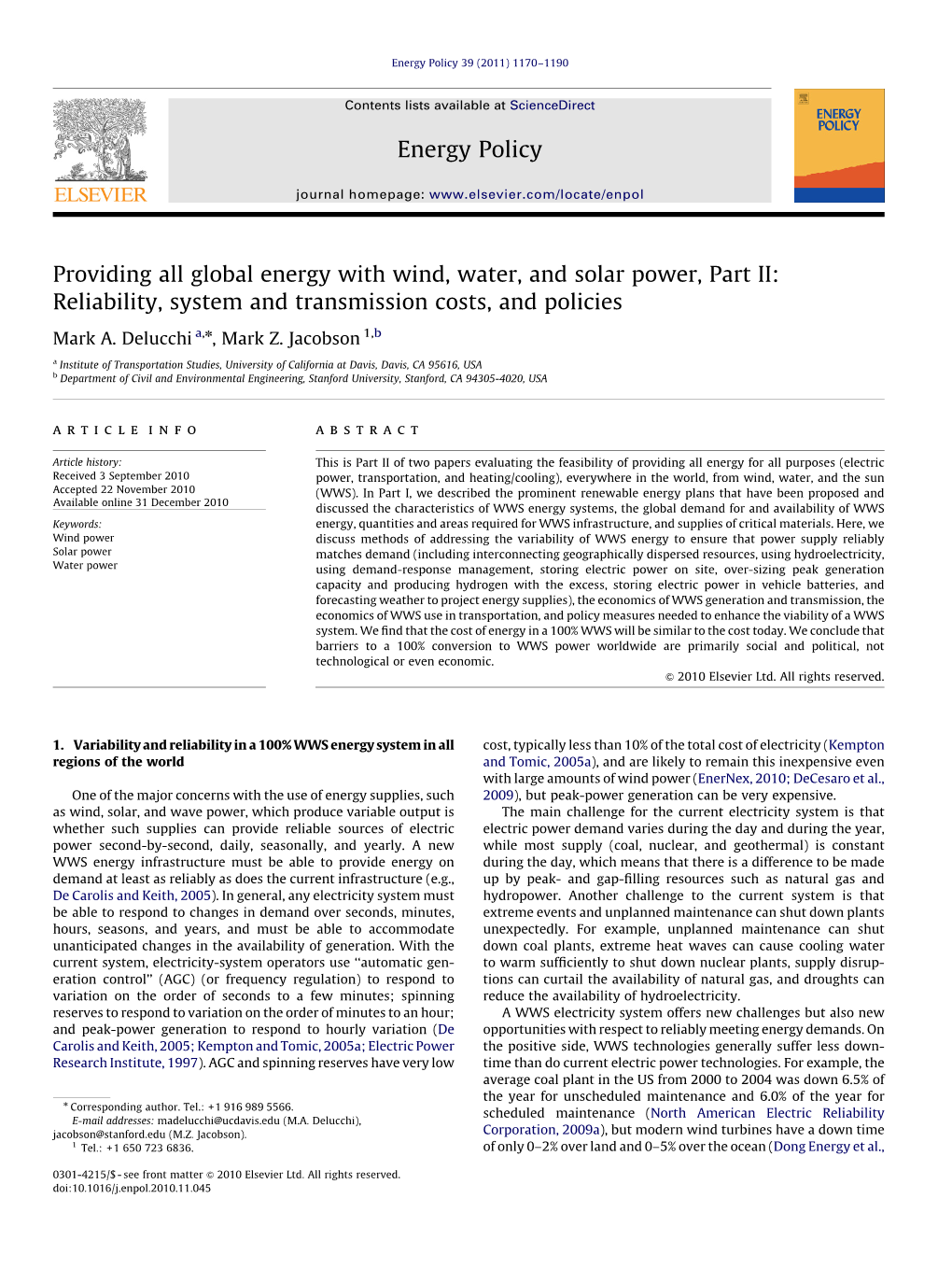 Providing All Global Energy with Wind, Water, and Solar Power, Part II: Reliability, System and Transmission Costs, and Policies