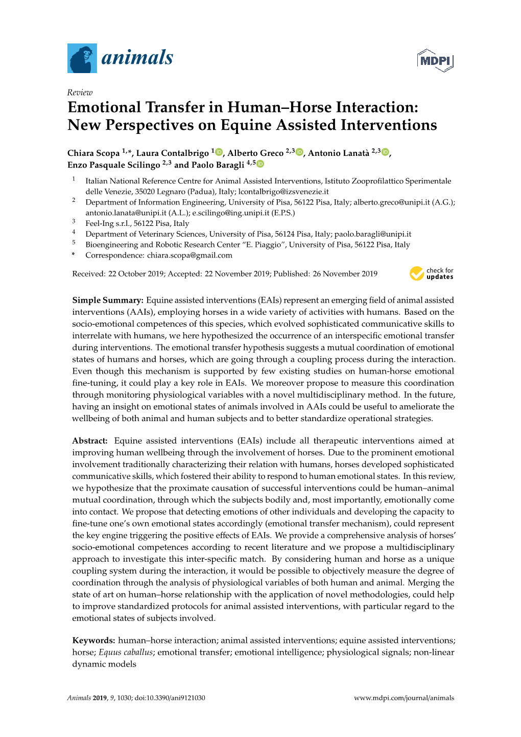 Emotional Transfer in Human–Horse Interaction: New Perspectives on Equine Assisted Interventions