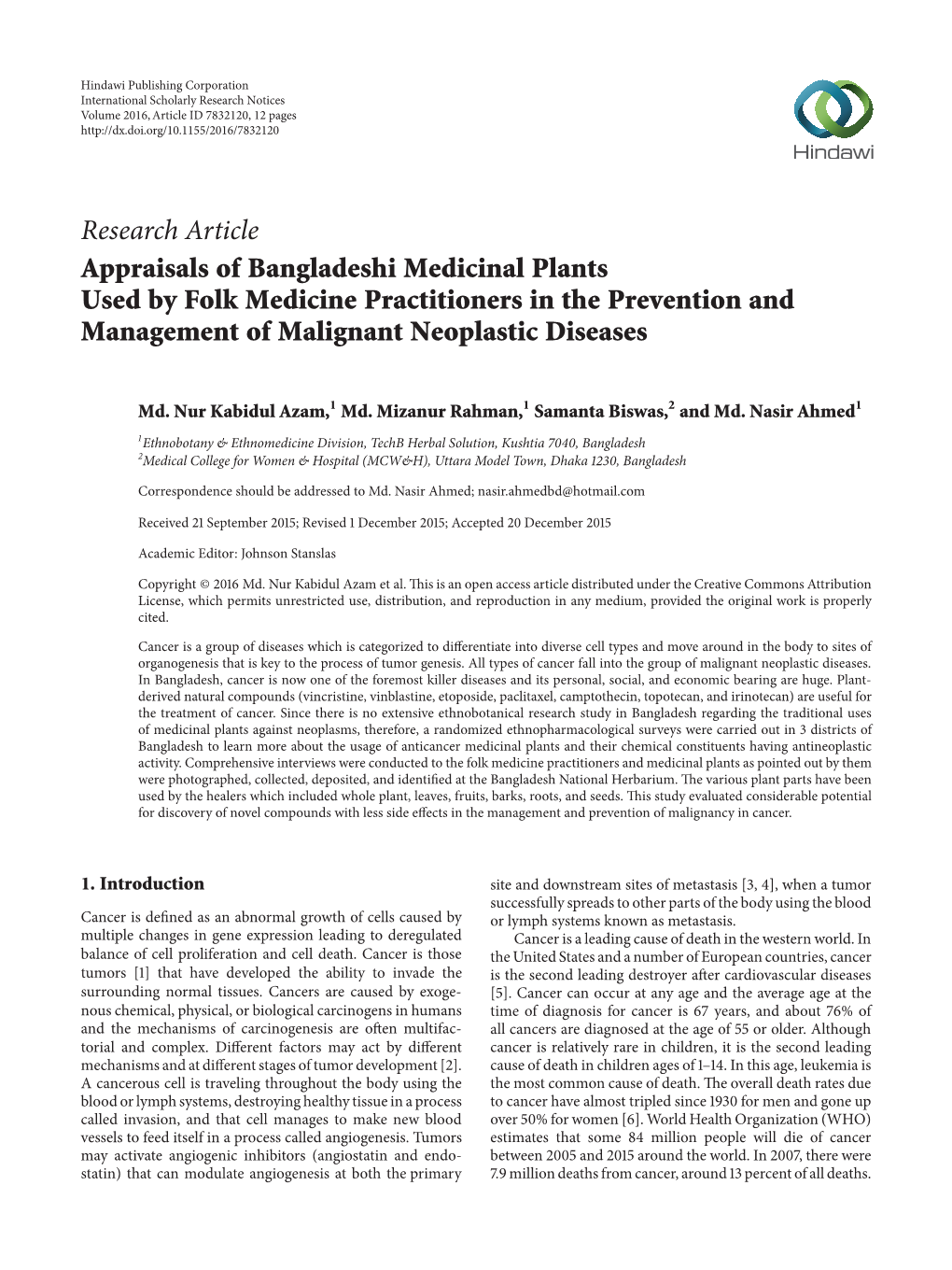 Appraisals of Bangladeshi Medicinal Plants Used by Folk Medicine Practitioners in the Prevention and Management of Malignant Neoplastic Diseases