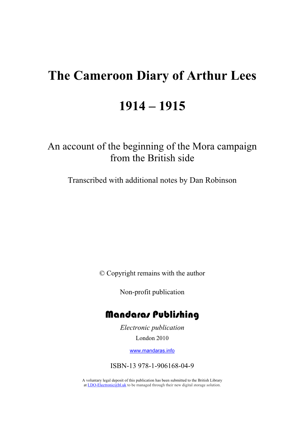 The Cameroon Diary of Arthur Lees 1914 – 1915