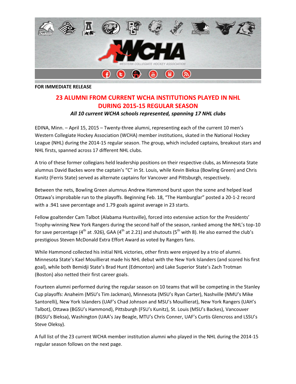 23 ALUMNI from CURRENT WCHA INSTITUTIONS PLAYED in NHL DURING 2015-15 REGULAR SEASON All 10 Current WCHA Schools Represented, Spanning 17 NHL Clubs