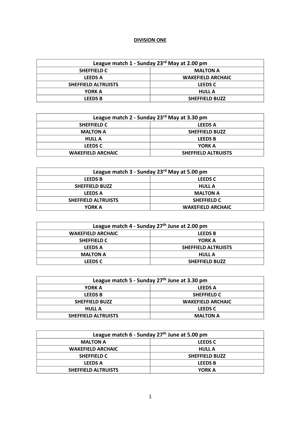 Sunday 23Rd May at 2.00 Pm League Match 2