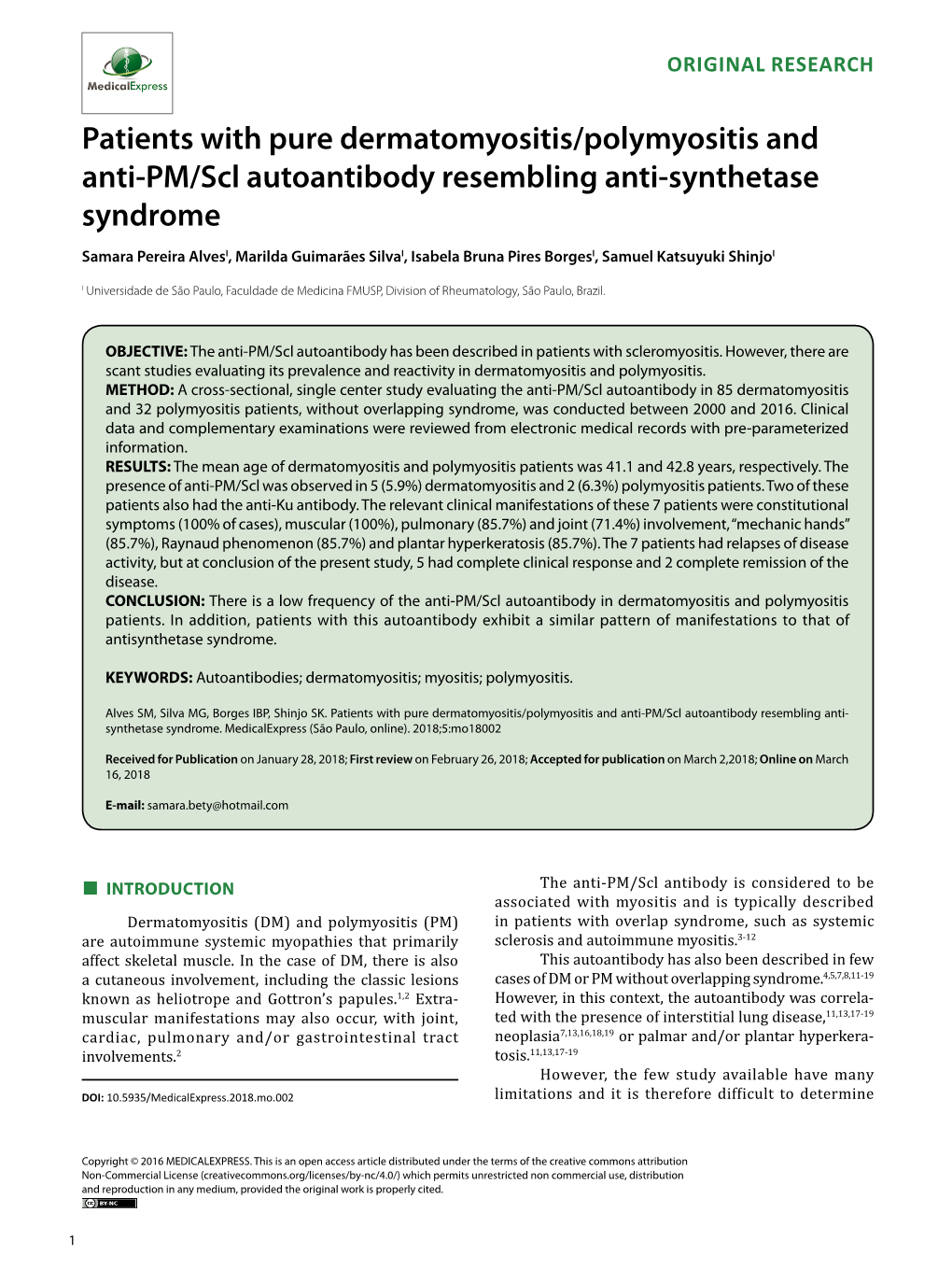 Patients with Pure Dermatomyositis/Polymyositis and Anti-PM/Scl Autoantibody Resembling Anti-Synthetase Syndrome
