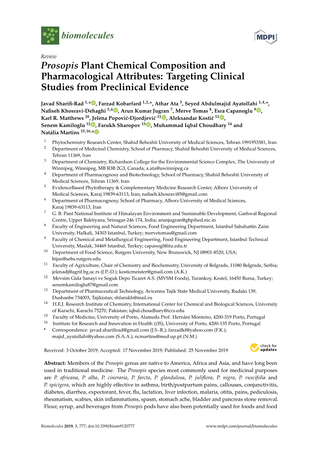 Prosopis Plant Chemical Composition and Pharmacological Attributes: Targeting Clinical Studies from Preclinical Evidence