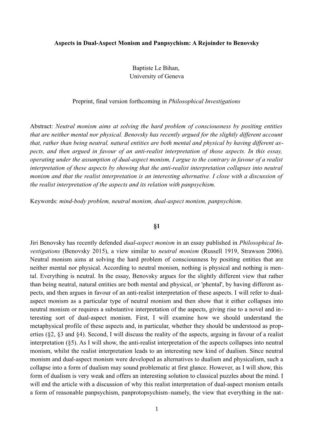 Aspects in Dual-Aspect Monism and Panpsychism: a Rejoinder to Benovsky