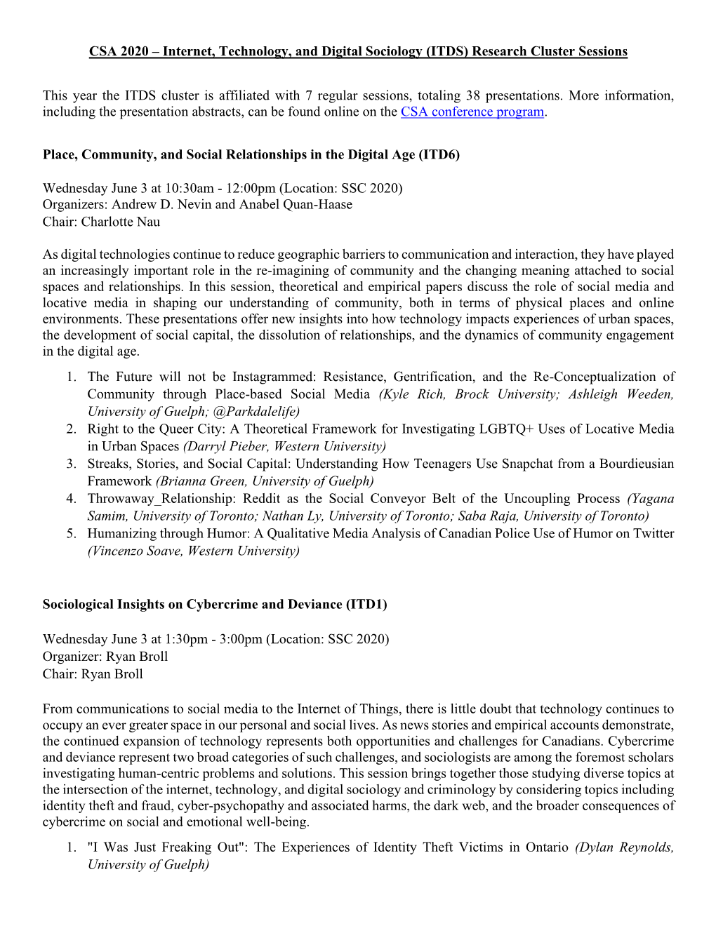 CSA 2020 – Internet, Technology, and Digital Sociology (ITDS) Research Cluster Sessions