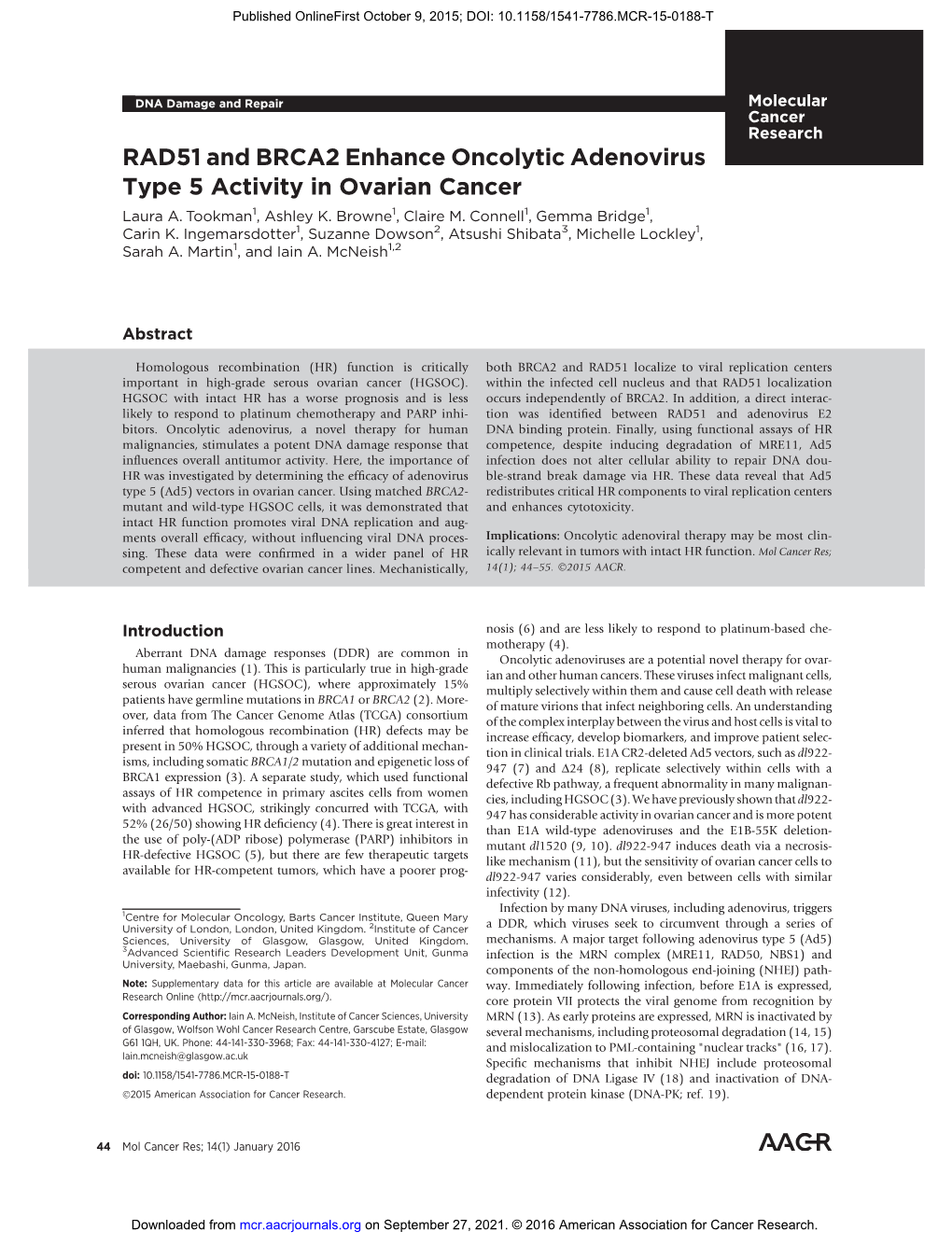 RAD51 and BRCA2 Enhance Oncolytic Adenovirus Type 5 Activity in Ovarian Cancer Laura A