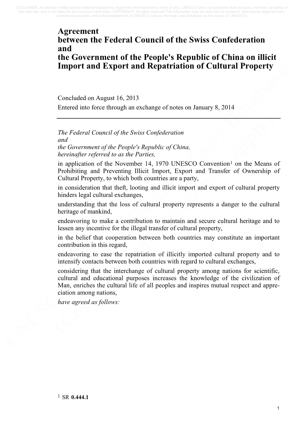 Agreement Between the Federal Council of the Swiss