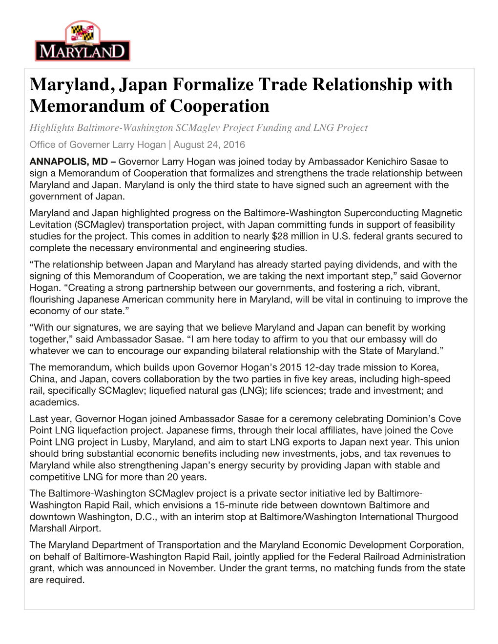 Maryland, Japan Formalize Trade Relationship with Memorandum Of