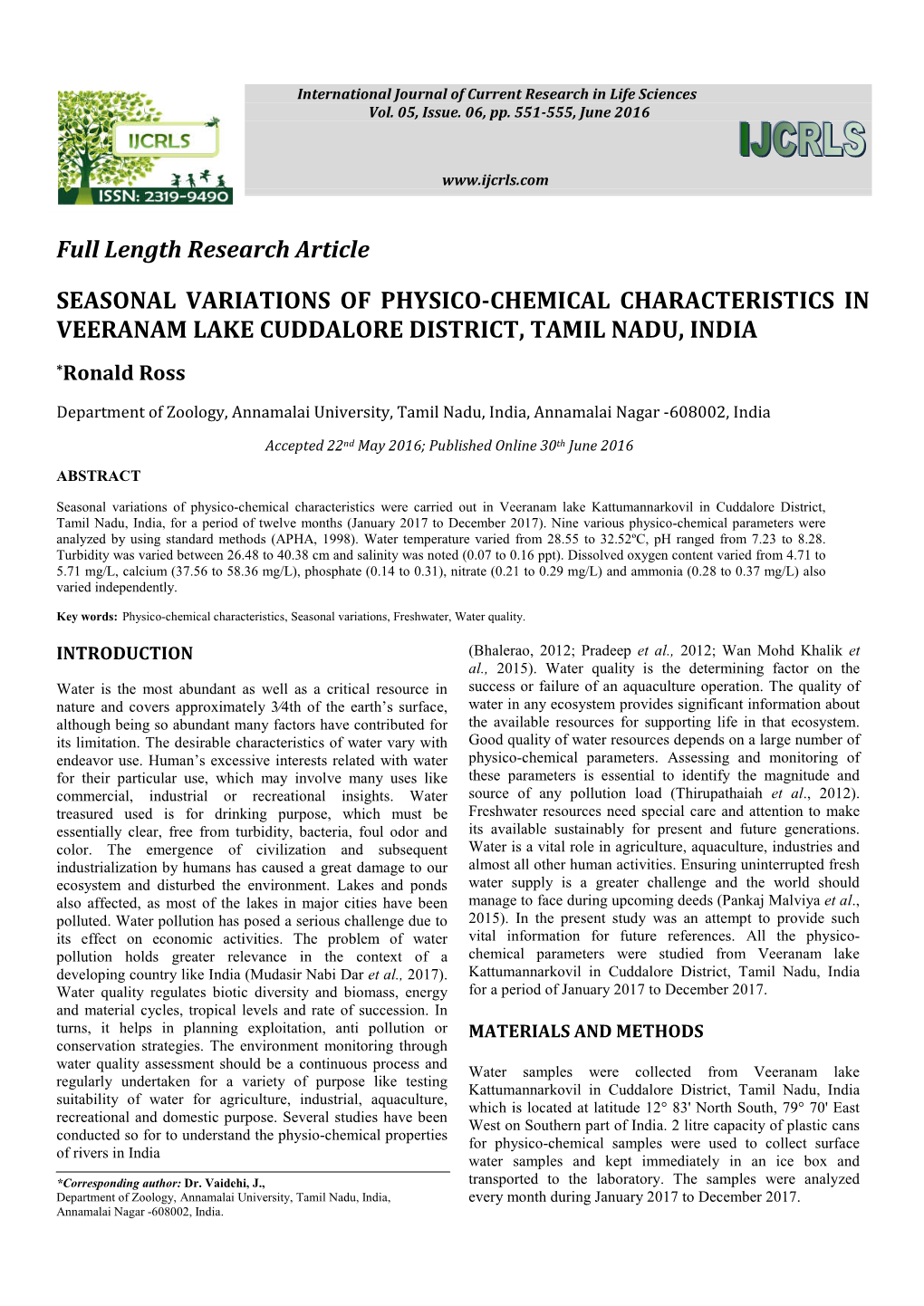 Full Length Research Article SEASONAL VARIATIONS OF