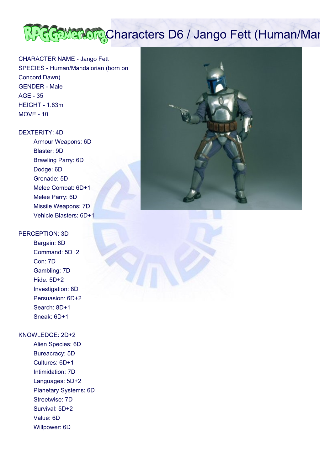 Characters D6 / Jango Fett (Human/Mandalorian Bounty Hunter)