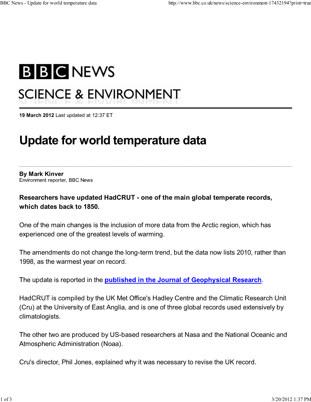 BBC News - Update for World Temperature Data