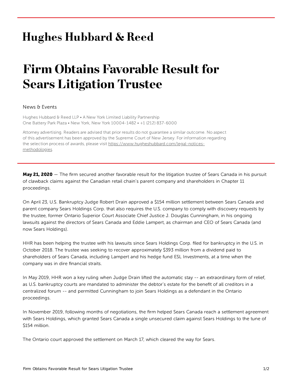 Firm Obtains Favorable Result for Sears Litigation Trustee