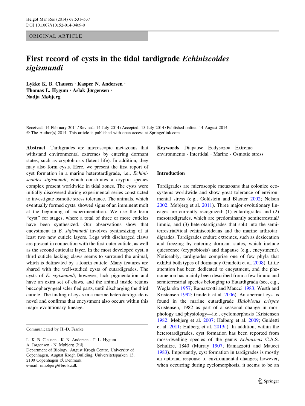 First Record of Cysts in the Tidal Tardigrade Echiniscoides Sigismundi